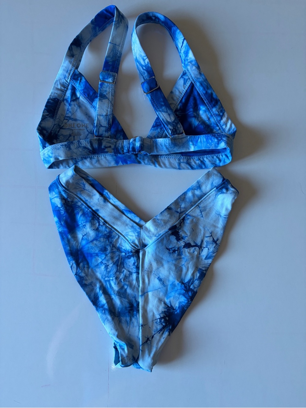 Oneone swimwear blue tie dye bikini women’s XS triangle top high cut bottoms - Picture 2 of 4